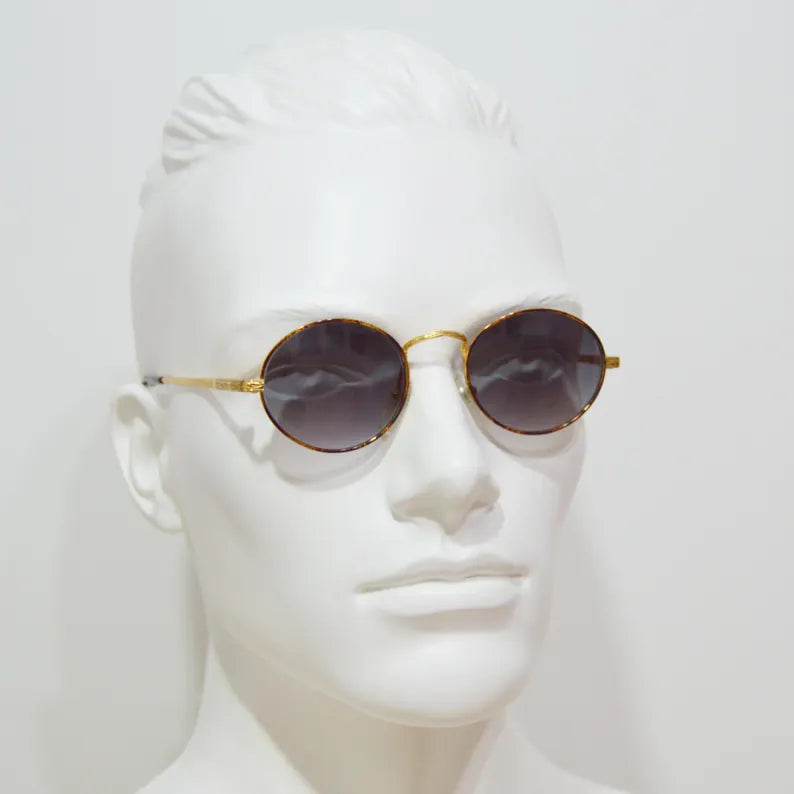 Unique Vintage metal Sunglasses Carla Cirella Classic rounded small NOS Unworn Unisex man woman golden brown carey 90s customed steampunk